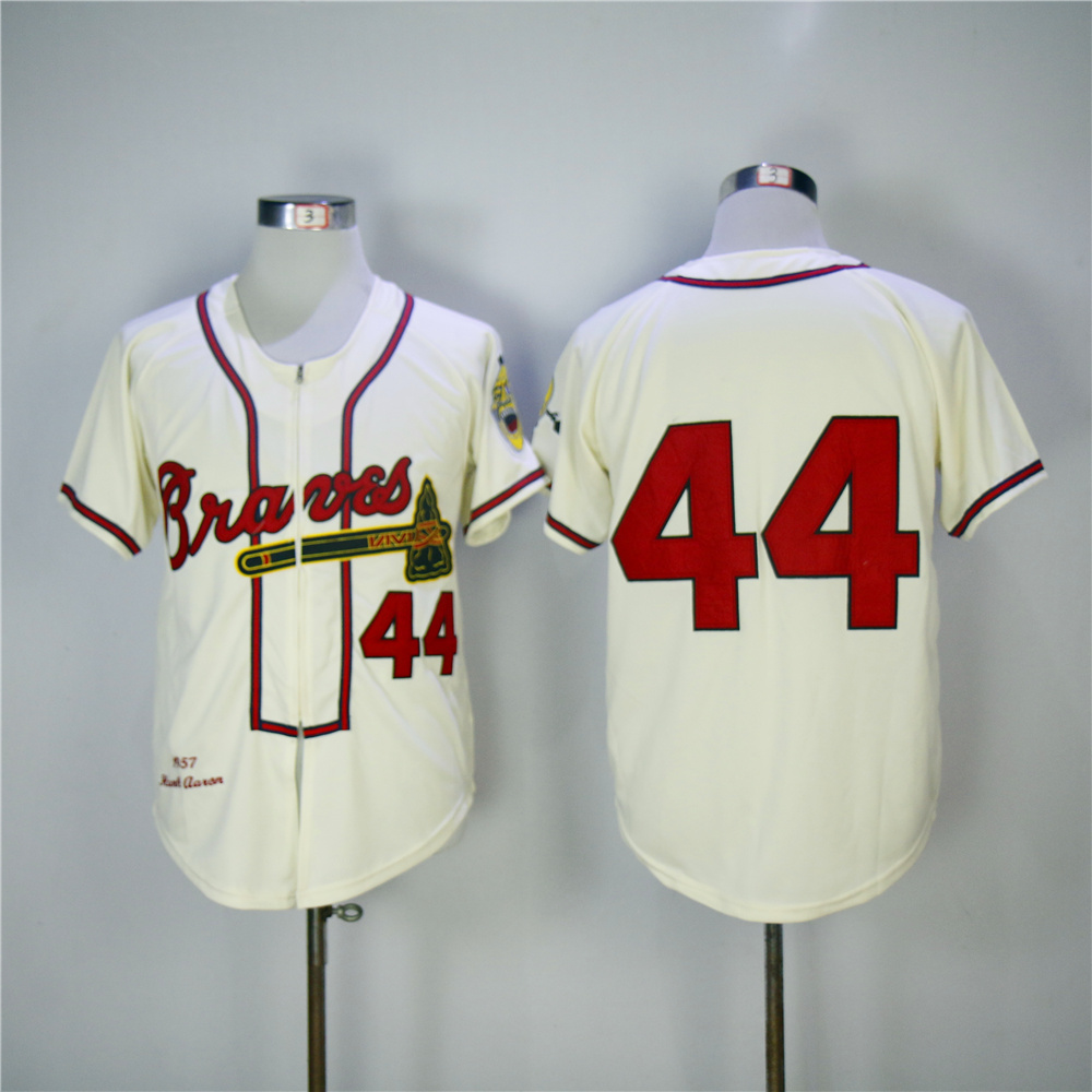 Men Atlanta Braves #44 Aaron Cream Throwback 1957 MLB Jerseys
